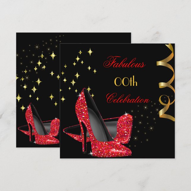 Invitación Fabuloso Purpurina Rojo de tacones altos Cumpleaño (Anverso / Reverso)