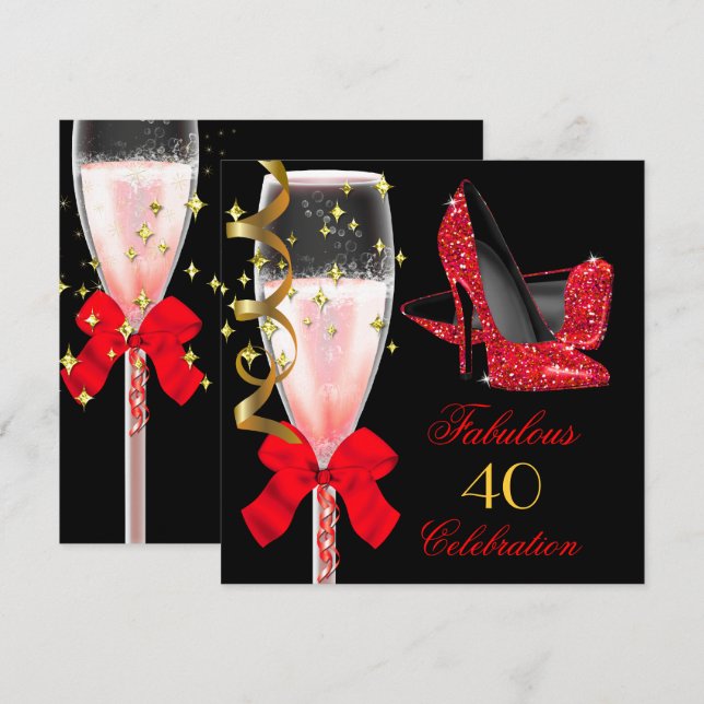 Invitación Fabuloso Purpurina Rojo Heels Black Gold Birday (Anverso / Reverso)