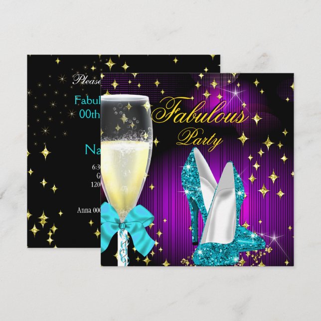 Invitación Fabuloso Purpurina Verde azulado Morado Fiesta de  (Anverso / Reverso)