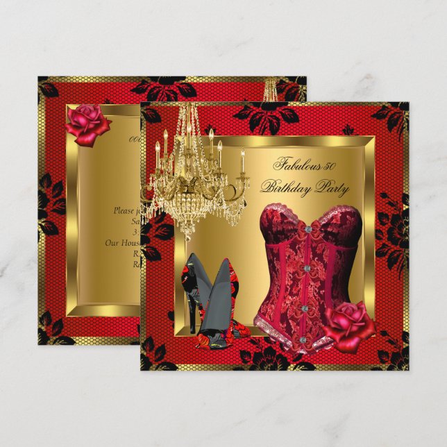 Invitación Fabuloso Rojo Heels Candelabro Corset Rosa Lace (Anverso / Reverso)