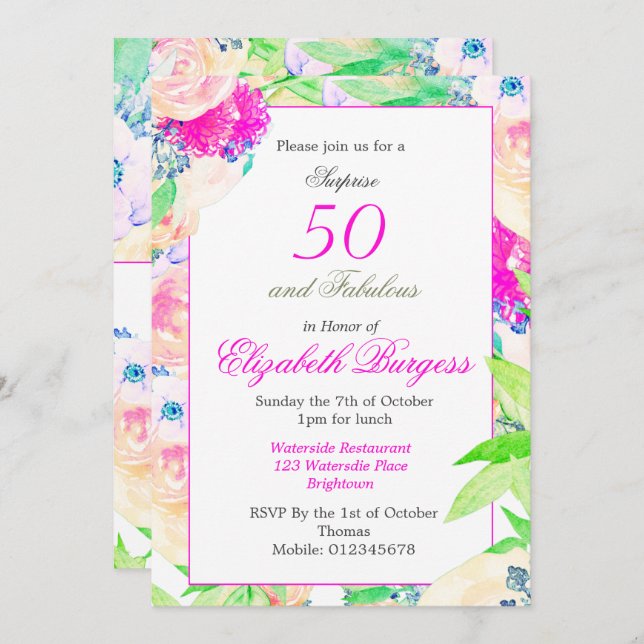 Invitación Fabuloso Rosa floral Moda rosa cumpleaños (Anverso / Reverso)