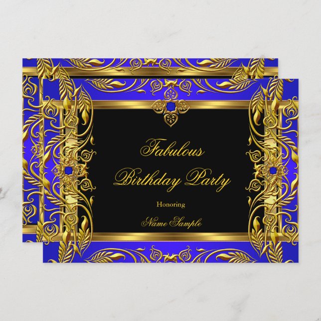 Invitación Fabuloso Royal Blue Black Gold Birday Party (Anverso / Reverso)