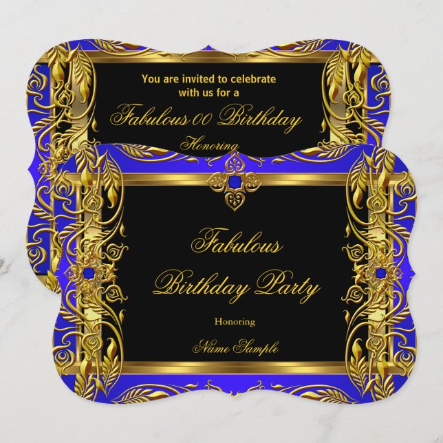 Invitación Fabuloso Royal Blue Black Gold Birday Party (Anverso / Reverso)