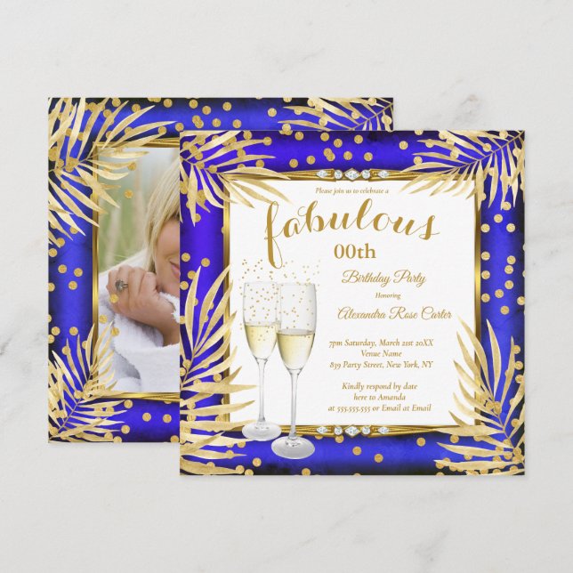 Invitación Fabuloso Royal Blue Gold Palms Champagne Fiesta (Anverso / Reverso)