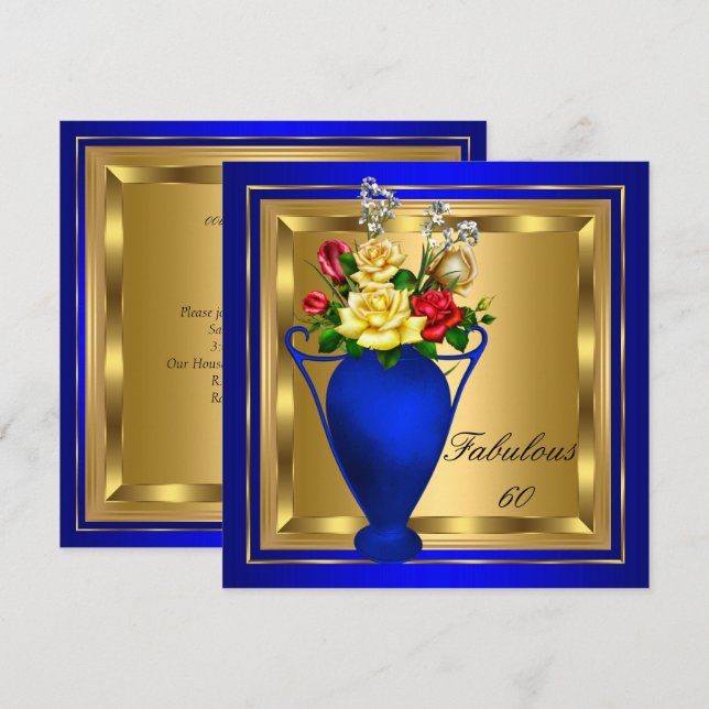 Invitación Fabuloso Royal Blue Gold Red Roses Elite Cumpleaño (Anverso / Reverso)