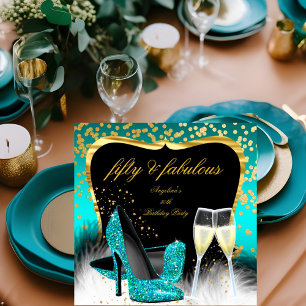 Invitación Fabuloso talón de 50 Fiestas Verde azulado de oro