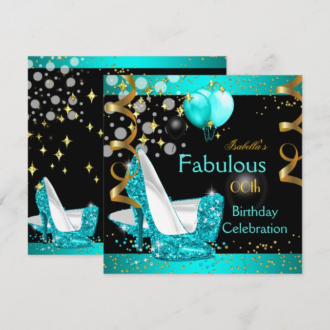 Invitación Fabuloso Verde azulado Blue High Heels Gold Birday (Anverso / Reverso)
