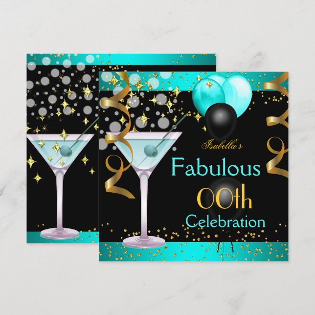 Invitación Fabuloso Verde azulado Blue Martini Gold Birday Pa (Anverso / Reverso)
