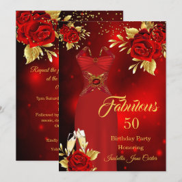 Invitación Fabuloso vestido de champán de cumpleaños rojo ros