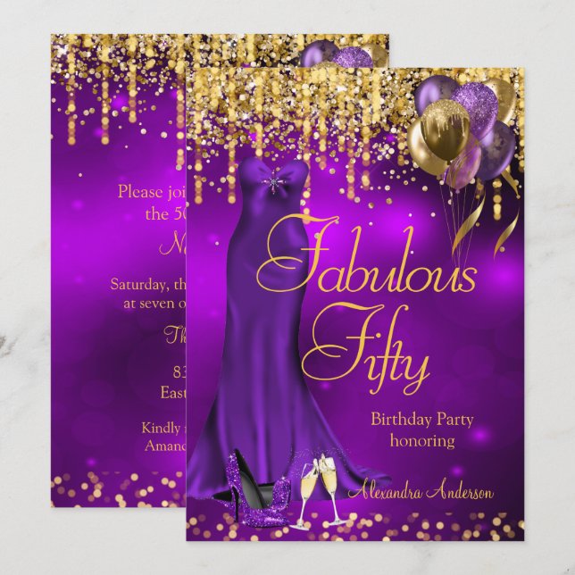 Invitación Fabuloso Vestido de tacones de oro Purpurina púrpu (Anverso / Reverso)