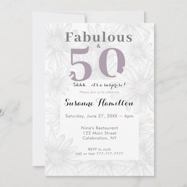 Invitación Fabuloso y 50 Simple Flor Gris (Anverso)