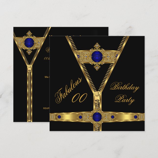 Invitación Fabuloso Zipper Gold Royal Blue Diamond Gem 2 (Anverso / Reverso)