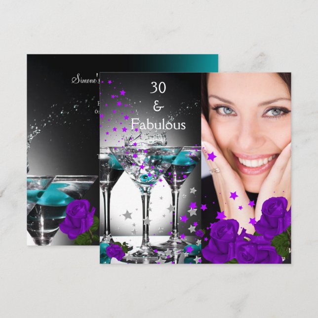 Invitación Fabulosos 30 Rosas púrpura Verde azulados de cumpl (Anverso / Reverso)