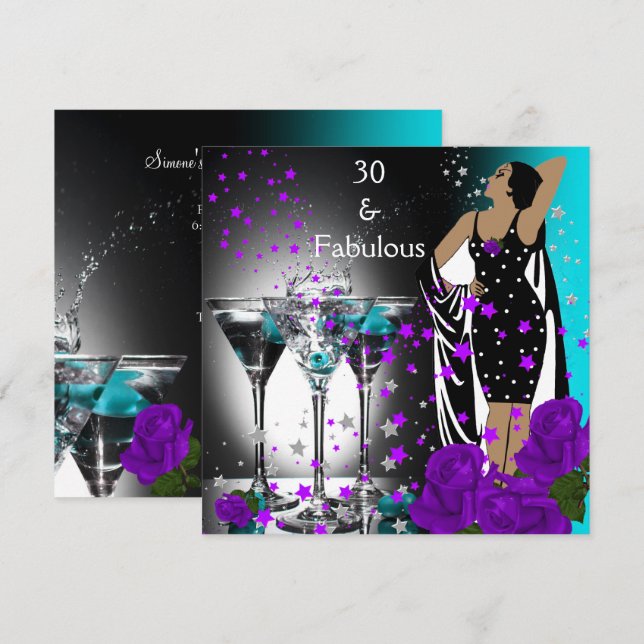 Invitación Fabulosos 30 Rosas púrpura Verde azulados de cumpl (Anverso / Reverso)