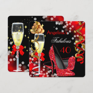 Invitación Fabulosos 40 Tacones Rojos Burbujas Doradas Fiesta