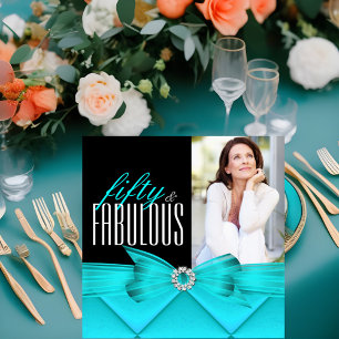 Invitación Fabulosos 50 Azul Turquesa Negro Foto Elegante Cum