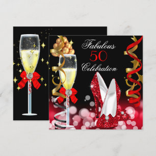 Invitación Fabulosos 50 burbujas rojas negras y doradas Fiest