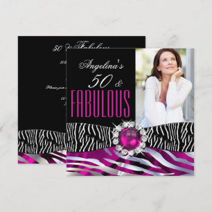 Invitación Fabulosos 50 Cebra Negro Rosa Plateado Fiesta de C
