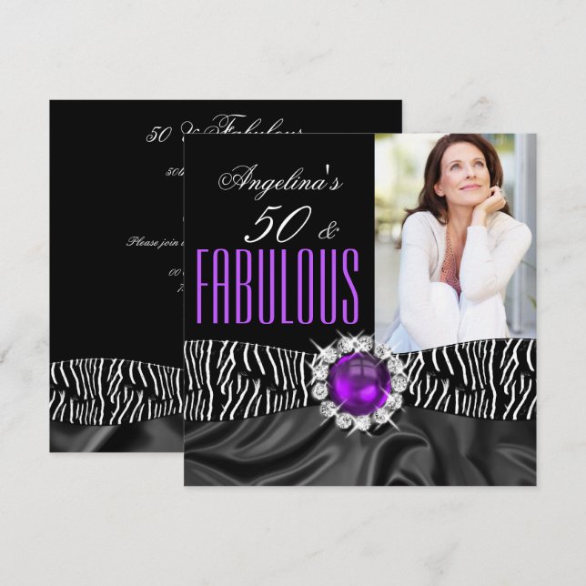 Invitación Fabulosos 50 Cebra Seda Negra Fiesta de Cumpleaños (Anverso / Reverso)