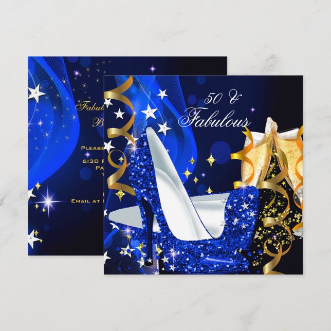 Invitación Fabulosos 50 Cumpleaños de Mujer Fiesta Real Azul  (Anverso / Reverso)