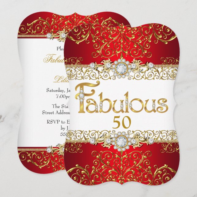 Invitación Fabulosos 50 Diamantes de Oro Rojo Cumpleaños Glam (Anverso / Reverso)