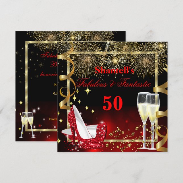Invitación Fabulosos 50 Fantásticos Festejos Rojo Oro Fiesta (Anverso / Reverso)