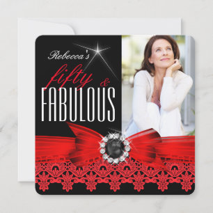 Invitación Fabulosos 50 Foto Encaje Negro Blanco Rojo Cumplea