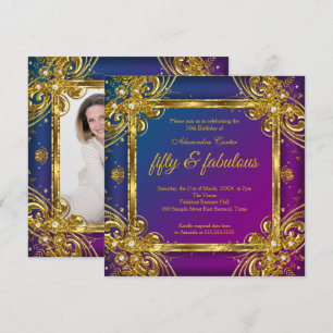 Invitación Fabulosos 50 Foto Oro Morado Azul Fiesta