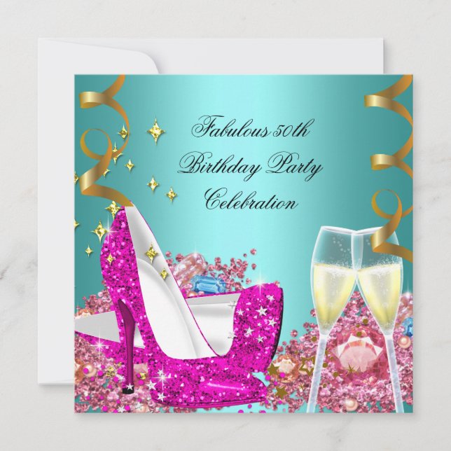 Invitación Fabulosos 50 Tacones Altos Brillo Rosa Turquesa Cu (Anverso)