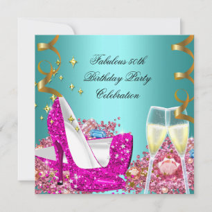 Invitación Fabulosos 50 Tacones Altos Brillo Rosa Turquesa Cu