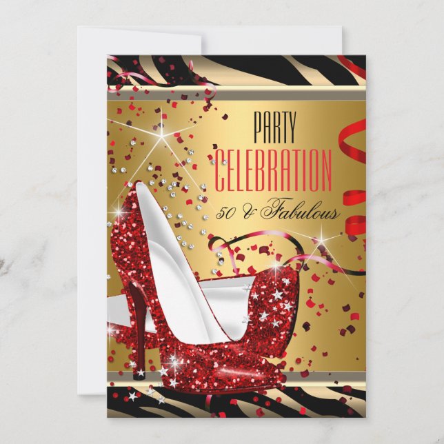 Invitación Fabulosos 50 Tacones Rojos Cumpleaños Fiesta Cebra (Anverso)