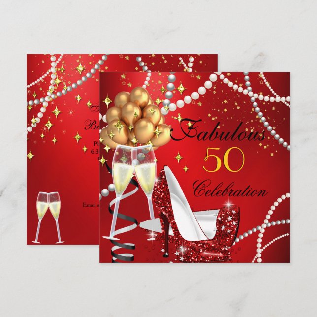 Invitación Fabulosos 50 Tacones Rojos Cumpleaños Fiesta Champ (Anverso / Reverso)