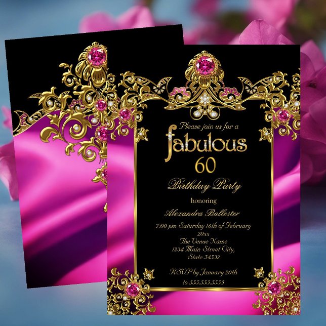 Invitación Fabulosos Elegantes 60 Cumpleaños Fuchsia Oro Gema (Subido por el creador)