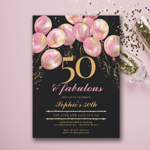Invitación Fabulosos globos rosados Gold Black 50 cumpleaños