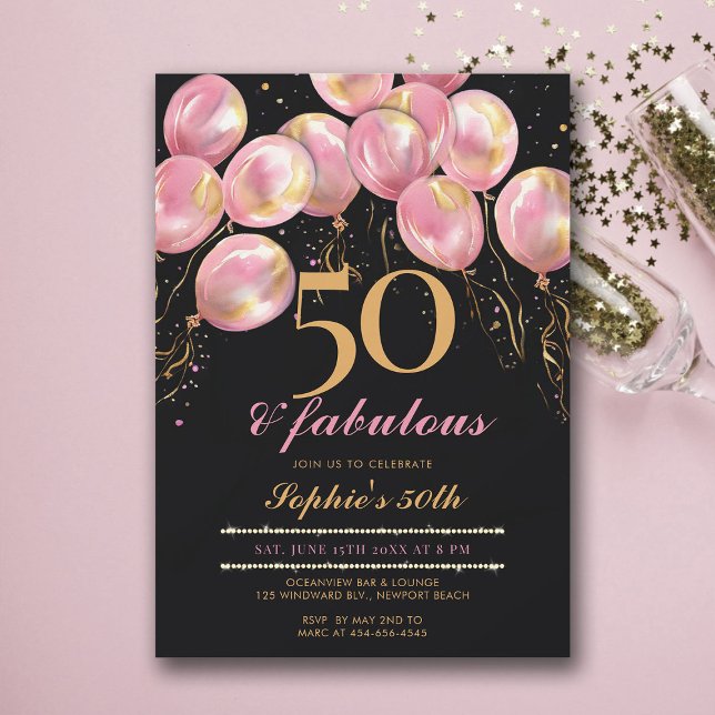 Invitación Fabulosos globos rosados Gold Black 50 cumpleaños (50th birthday invitations for women balloons arch pink gold black calligraphy modern glam)