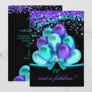 Invitación Fabulosos Streamers Morados Turquesa Globos Cumple