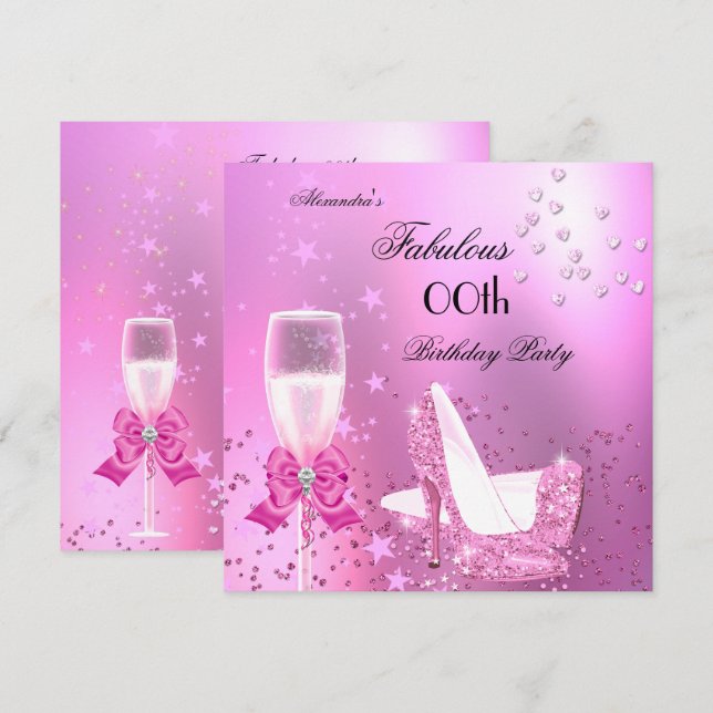 Invitación Fabulosos tacones de brillo rosa claro de cumpleañ (Anverso / Reverso)
