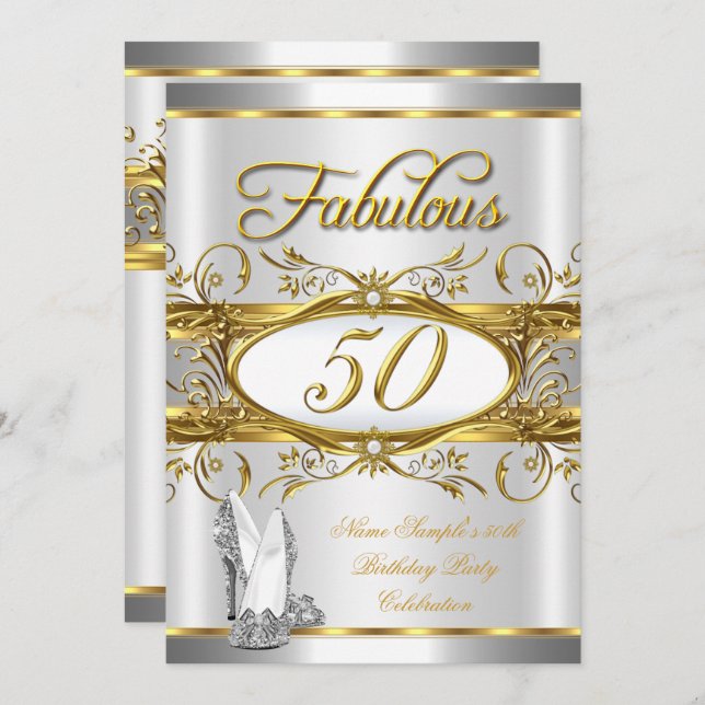 Invitación Fabulosos talones altos de plata de oro de 50 años (Anverso / Reverso)