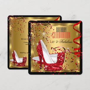 Invitación Fabulosos Zapatos Rojos de Tacón Alto Dorados Fies