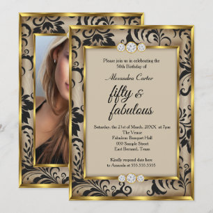 Invitación Fabulous 50 Photo Beige Black Damask Gold cumpleañ