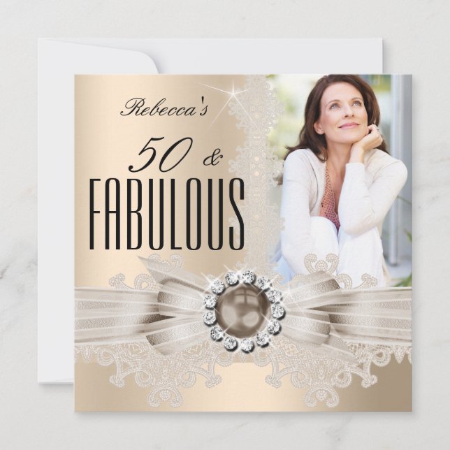 Invitación Fabulous 50 Photo Cream Beige Brown Pearl Lace (Anverso)