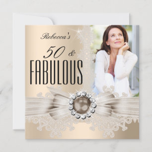 Invitación Fabulous 50 Photo Cream Beige Brown Pearl Lace