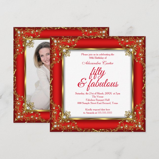 Invitación Fabulous 50 Photo Red Gold Pearl cumpleaños Party (Anverso / Reverso)