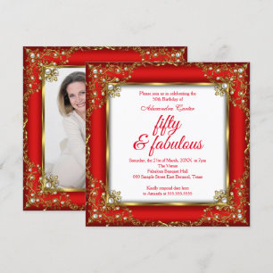 Invitación Fabulous 50 Photo Red Gold Pearl cumpleaños Party