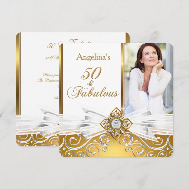 Invitación Fabulous 50 Photo White Gold Damask Birthday Party (Anverso / Reverso)