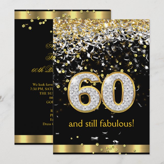 Invitación Fabulous 60 Corrientes Doradas Plateadas Cumpleaño (Anverso / Reverso)