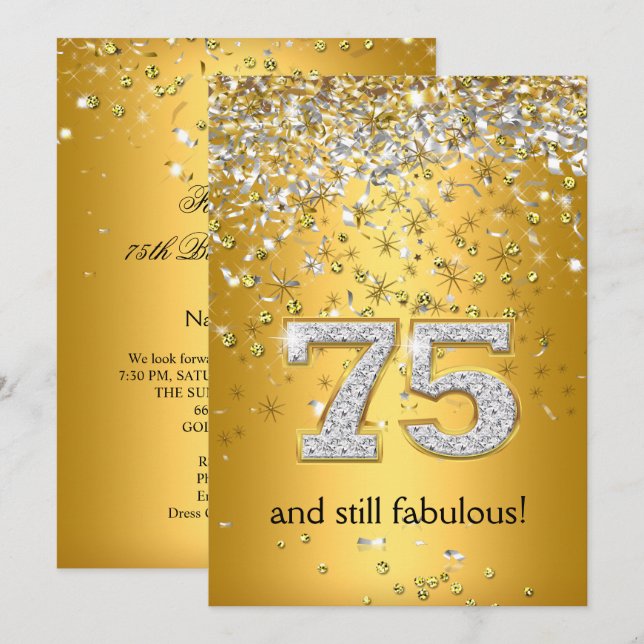 Invitación Fabulous 75 Corrientes Doradas Plateadas Cumpleaño (Anverso / Reverso)