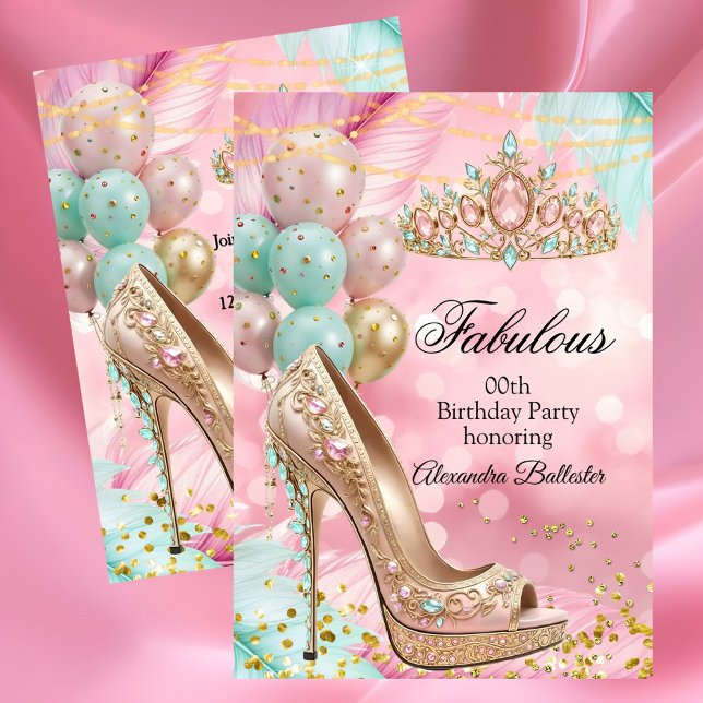 Invitación Fabulous birthday Blush Pink Teal Tiara Gold Heel (Subido por el creador)