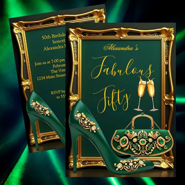 Invitación Fabulous Birthday Emerald gems Heel Champagne Gold (Subido por el creador)