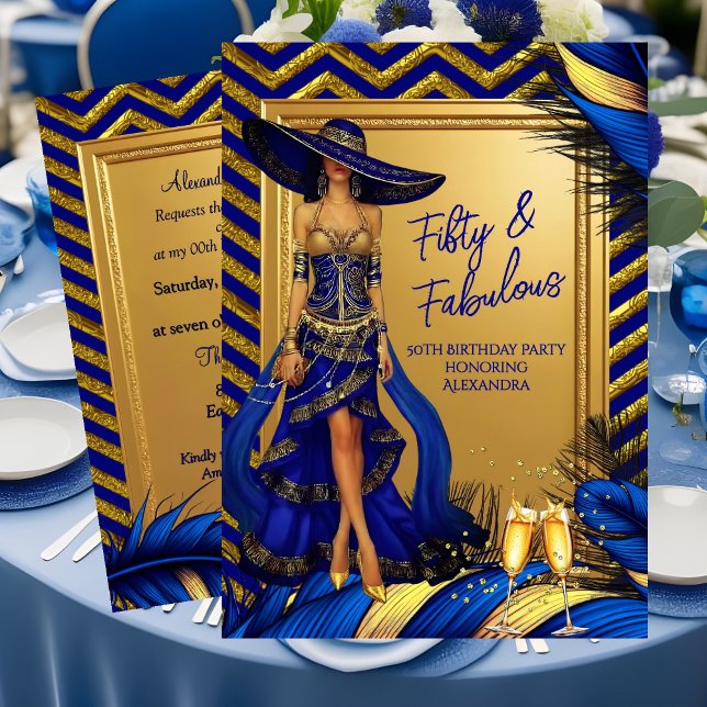 Invitación Fabulous Birthday Glamor Woman Blue Gold Feathers (Subido por el creador)